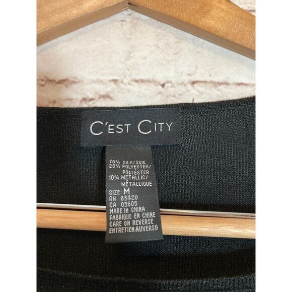 C'Est City Top Womens Medium Silk All Over Glitter Black Long Sleeve Stretch - Picture 10 of 11